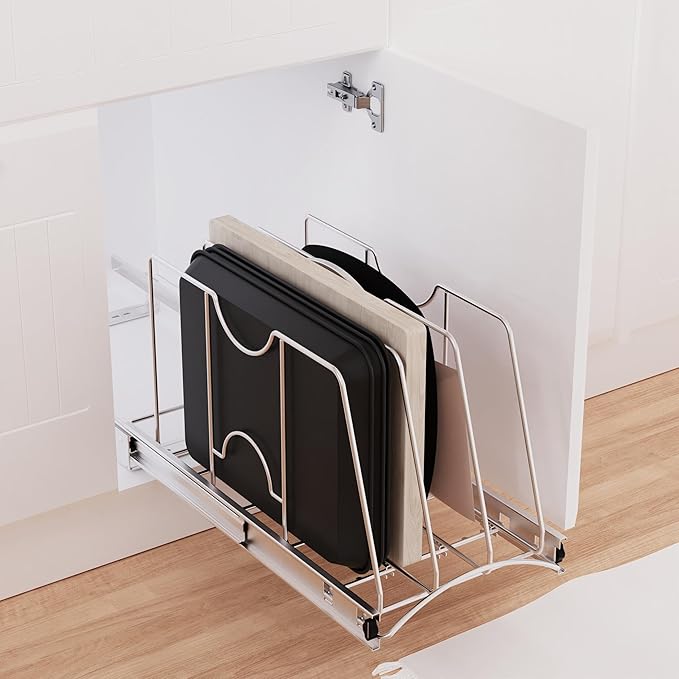 Pull Out Cookie Sheet Organizer for Cabinet, Pan and Pot Rack, Cutting Board Organizer Rack, Baking Tray Organizer for Cabinet, Adjustable Divider Width, 11" W x 22" D x 11.8" H, Chrome