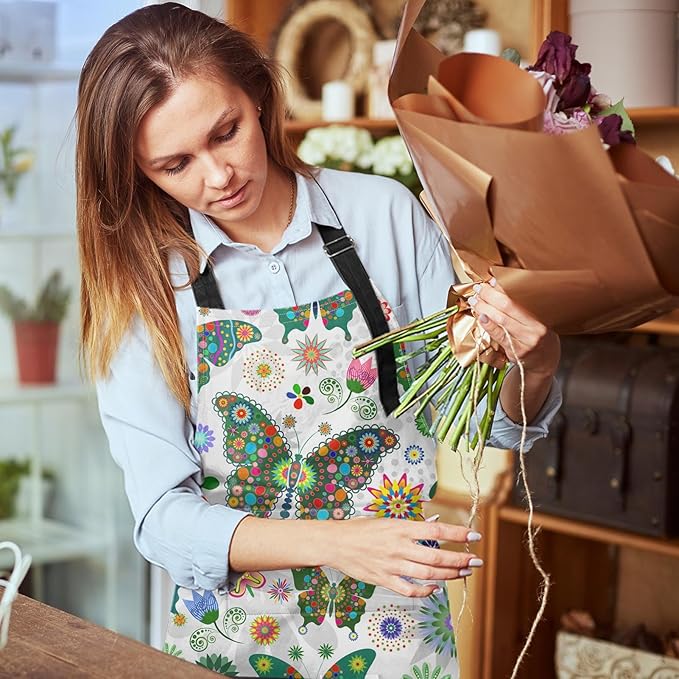 Britimes Butterfly Apron Floral Colorful Butterflies Flowers Aprons Kitchen Cooking Gardening for Women With Pockets