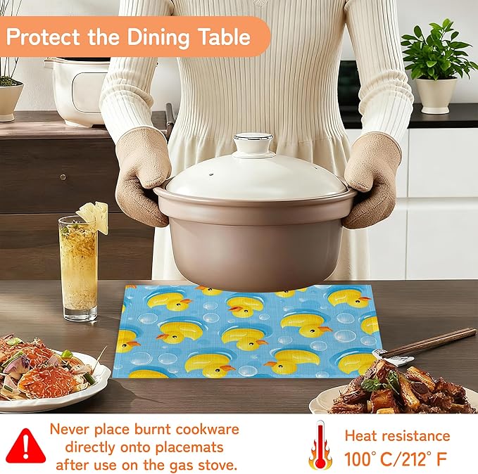 Cute Duck Table Mats Set of 6,Non-Slip Washable Placemats for Restaurant Home Kitchen Dinner Table 12x18Inch