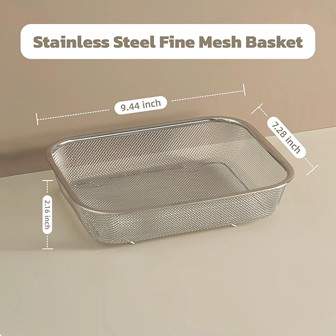 18/8 Stainless Steel Fine Mesh Strainer Basket with Feet, Rectangular Colander for Vegetables, Fruits, Pasta, Noodles – Rustproof, Durable & Easy to Clean (8.67 inch)