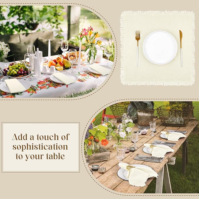 TURSTIN 24 Pieces Cotton Linen Cloth Napkin Handmade Cloth Napkin with Fringe 17 x 17 Inch Soft Cloth Dinner Wedding Napkin Square Rustic Fringe Table Napkin for Dinners, Parties, Weddings, Ivory