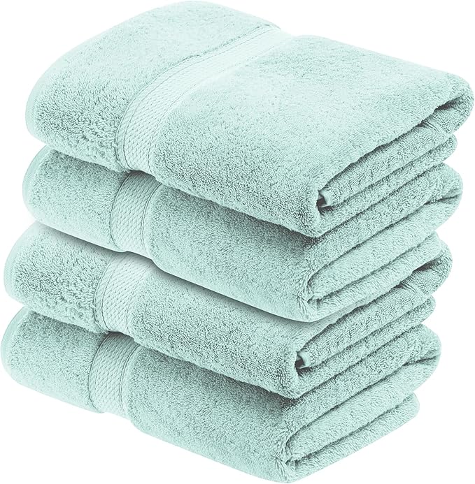 Superior Egyptian Cotton Pile Bath Towel Set of 4, Ultra Soft Luxury Towels, Thick Plush Essentials, Absorbent Heavyweight, Guest Bath, Hotel, Spa, Home Bathroom, Shower Basics, Sea Foam