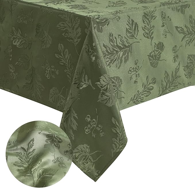 Elrene Home Fashions Elegant Woven Leaves Jacquard Damask Wrinkle Resistant Tablecloth for Fall/Harvest/Thanksgiving, 60" x 144", Rectangle, Olive