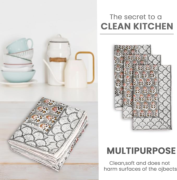 CPC Labra Grey Hand Block Print Waffle Kitchen Towel Set of 3-16 x 28 Inch Ultra Absorbent Quick Dry Cotton Dish Towels Lightweight Reusable Sustainable Tea Towels for Cleaning and Drying