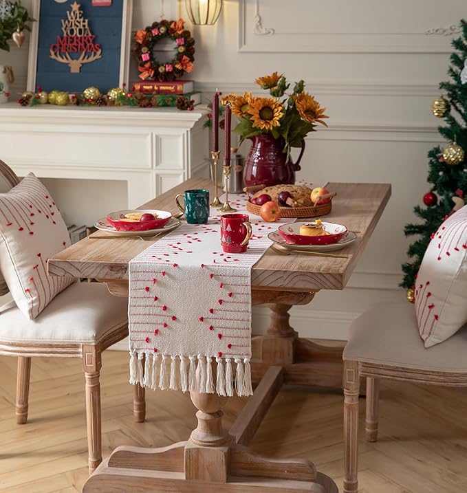 Christmas Table Runner 13 x 90 Inch Long Natural Cotton Woven Runner with Tassels for Home Dining Christmas Decorations, for Modern Farmhouse Holiday Boho Table Runner, Red and Beige