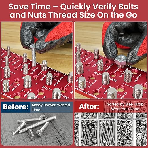 Thread Checker, Rustproof Nut and Bolt Thread Checker, Wall-Mountable Bolt Size Finder Tool, 15 SAE & 15 Metric Thread Gauge, Bolt and Nut Sizer for Quick Measurement