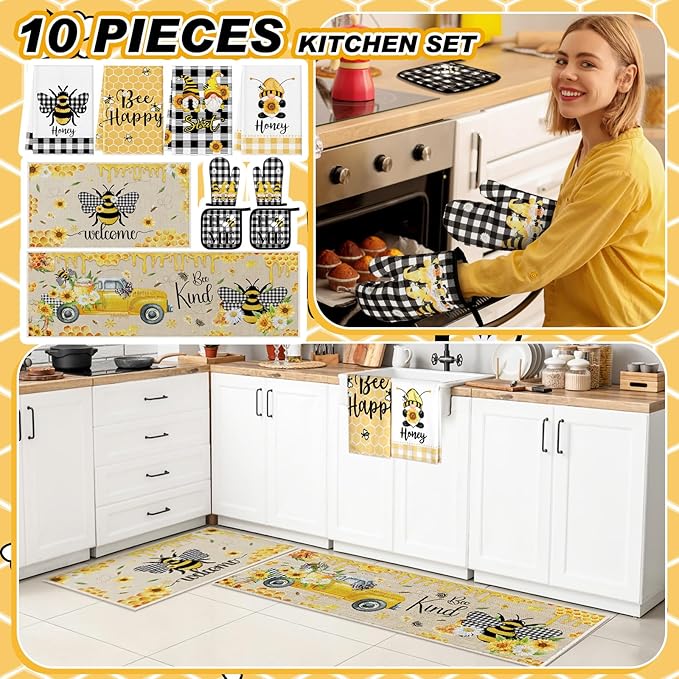 Fourluoo 10 Pcs Bee Kitchen Decor Sunflower Oven Mitts and Pot Holders Set Bee Dish Towels Rugs Mats Buffalo Plaid Farmhouse Kitchen Accessories for Chef Baking Cooking Grilling BBQ Women Home Gift
