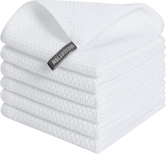 Kitinjoy 100% Cotton Kitchen Dish Cloths (12 X 12 Inches, White), 6 Pack Waffle Weave Ultra Soft Absorbent Dish Towels for Drying Dishes Quick Drying Kitchen Towels Dish Rags