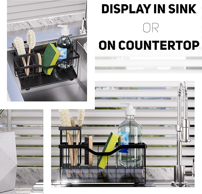 Small Kitchen Sink Caddy Organizer and sponge holder with Suction Cups for Sponge, Brush, Soap Dispenser. Stainless Steel, Minimalist Black, for Sink or Countertop