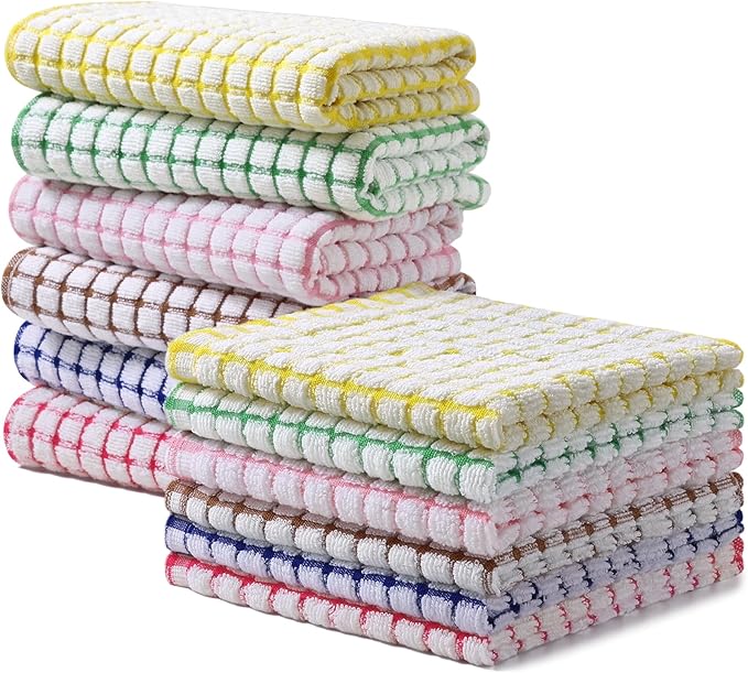 Homaxy Kitchen Towels and Dishcloths Set, 16 x 25 and 12 x 12 Inches, Set of 12 Cotton Terry Kitchen Dish Towels, Super Soft and Absorbent Dish Cloths, Red/Blue/Yellow/Green/Pink/Brown