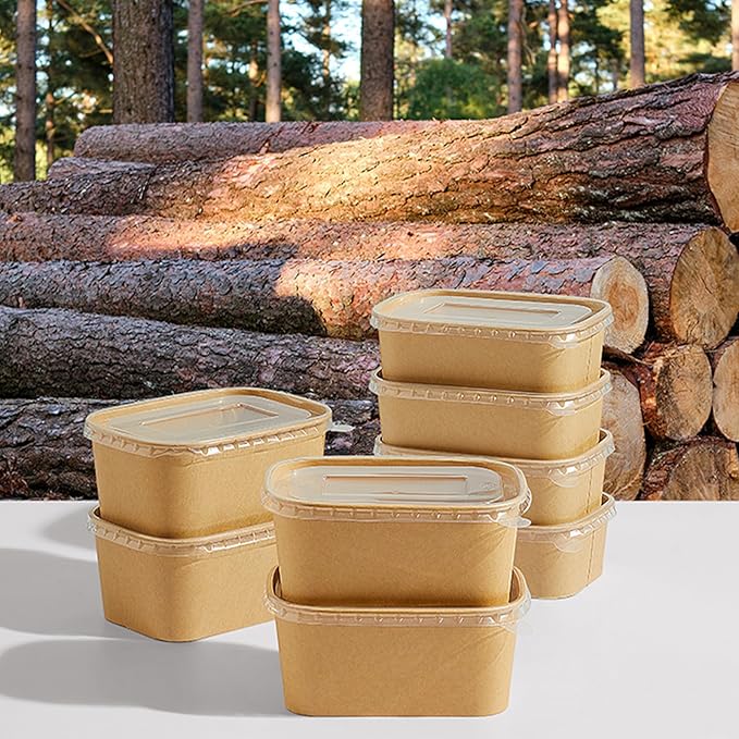 DI QIU REN 50-Pack 25oz Paper Bowls, Disposable Food Containers with Lids and Forks, Cardboard Meal Prep Containers for Diet Salad, Pasta (kraft Paper Rectangular, 25oz 50 Count)