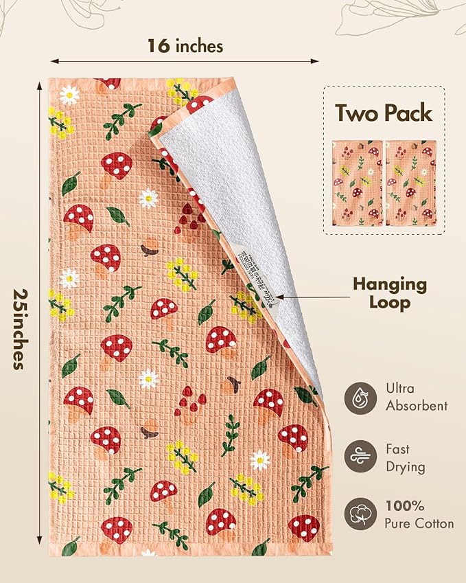Miss Adola Cotton Waffle Kitchen Towels – Cute 370 GSM 16x25 Inch Terry Cloth Waffle Decorative Dishcloth for Kitchen Set of 2 with Hanging Loop Absorbent Hand Tea Towel for Home Design, Mushroom