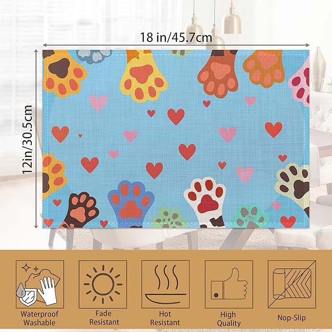 Cute Paws Placemats Set of 6,Dog Cat Table Mates Non-Slip Heat Resistant Washable Linen Place Mats for Party Kitchen Dining Decoration Indoor Outdoor 12"x18"