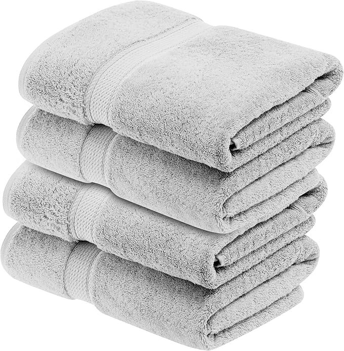Superior Egyptian Cotton Pile Bath Towel Set of 4, Ultra Soft Luxury Towels, Thick Plush Essentials, Absorbent Heavyweight, Guest Bath, Hotel, Spa, Home Bathroom, Shower Basics, Silver