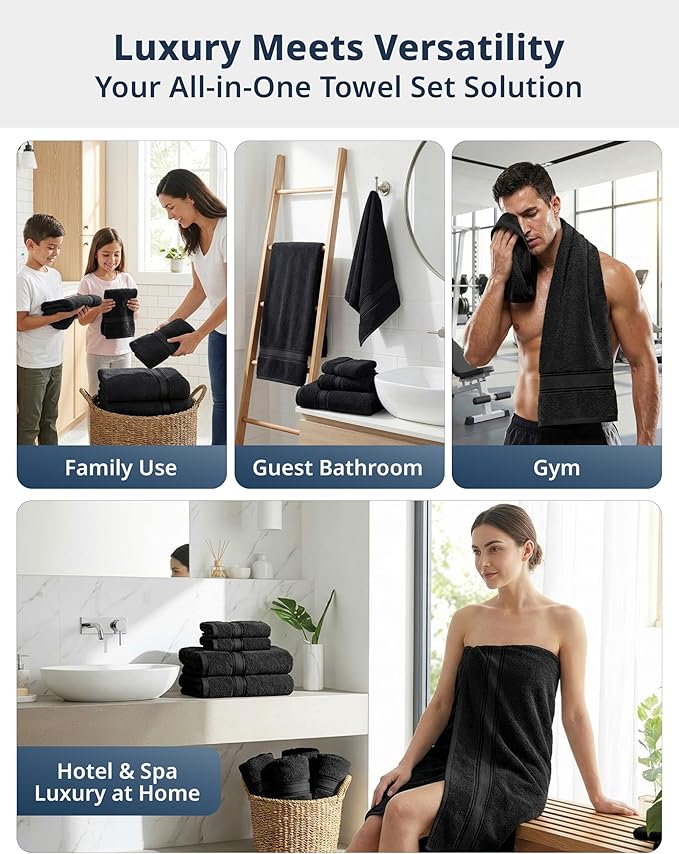 LANE LINEN Luxury Bath Towels Set - 6 Piece Set, 100% Cotton Bathroom Towels, Zero Twist, Quick Dry Shower Towels, Absorbent Bath Towel, Super Soft, 2 Bath Towels, 2 Hand Towels, 2 Wash Cloths - Black