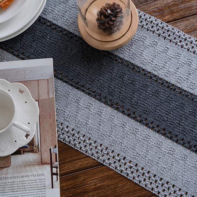 Alynsehom Macrame Table Runner Grey Boho Table Runners with Tassels Hand Woven Cotton Table Runner Rustic Farmhouse Table Runners for Bohemian Kitchen Dining Table(12x48in)