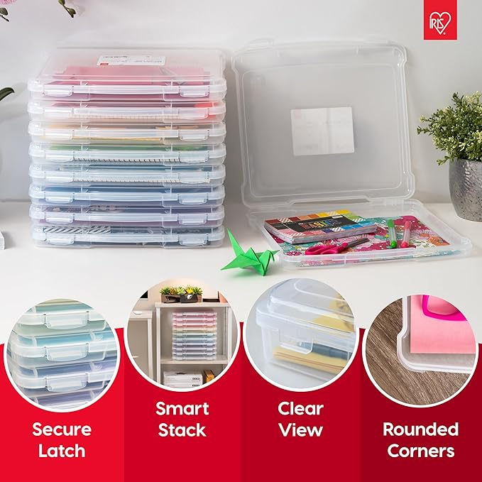 IRIS USA Board Game Storage Craft Organizer Box with Snap-Tight Latch Lid, 2-Pack Portable Plastic Case Bin for Puzzles, Magazines, Hobbies, Art Supplies, Fits 8.5" x 11" & A4 Papers, Thick, Clear