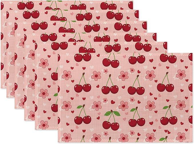 Cherry Placemats Set of 6,Pink Flowers Washable Kitchen Dining Linen Table Mats for Home Party Dinner Indoor Outdoor 12x18Inch
