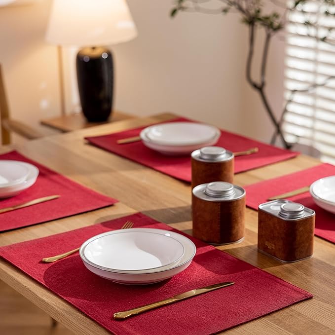 Demetex Red Placemats Set of 8 Fade Resistant Linen Placemats Modern Decorative Table Placemat for Holiday Wedding Birthday, 13x19 inch, Wine Red