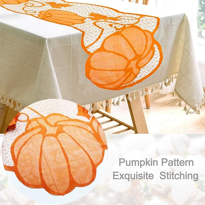 Fall Table Runner Thanksgiving Decorations 13 x 72 Inch Maples Leaves Table Runner Autumn Harvest Orange Lace Pumpkin Runner Long Fall Dinner Table Decor Thanksgiving Decorations for Tables (Orange)