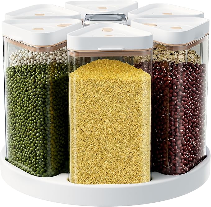 Rotating Grain Dispenser with Manual Vacuum Pump - 6-Grid Vacuum-Storage Canister Set, Food Storage Bins for Cereal, Rice, Beans & Bulk Dry Food Pantry Organization