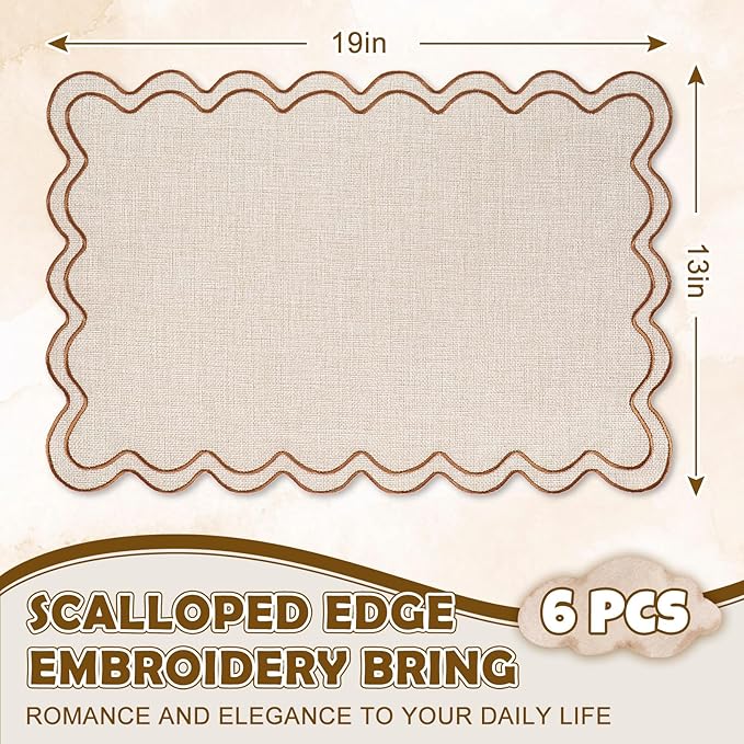 Whaline Beige Linen Placemats Embroidered Scalloped Kitchen Place Mats for Birthday Baby Shower Party Home Dining Table Decor, Set of 6, 13 x 19 in