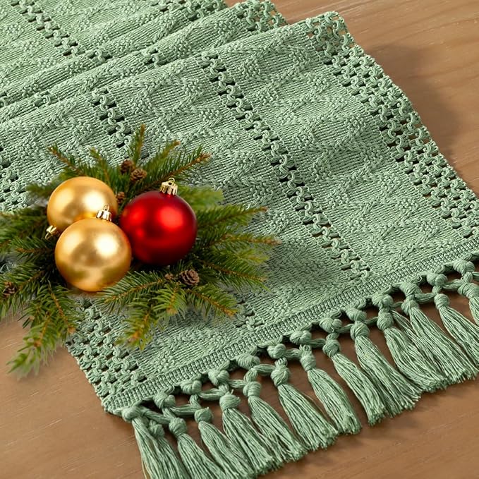 Socomi Sage Green Boho Table Runner Macrame Easter Spring Farmhouse Woven Cotton Linen Rustic Coffee Table Runner with Tassels for Small Dresser Scarf Home Decor Dining Room 12x72 inch