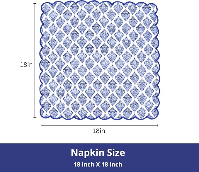 PurpleEssences Scalloped Embroidery Cloth Napkins - Spring Easter Summer - Table Decor - 100% Cotton - Set of 4-18x18 inch - Floral Paisley Edges - Blue