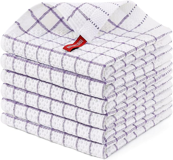 Homaxy 100% Cotton Dish Cloths, 6 Pack-12 X 12 Inches, Check Design Waffle Weave Dish Rags for Washing Dishes, Ultra Absorbent and Fast Drying Dishcloths, Purple