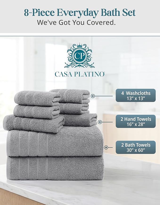 Casa Platino Premium Cotton Bath Towel Set 8 Pcs - Super Soft, Durable & Highly Absorbent - 2 Bath, 4 Washcloths, 2 Hand Towels for Bathroom - Oeko TEX Certified, Ringspun Tech & Hotel Quality - Grey