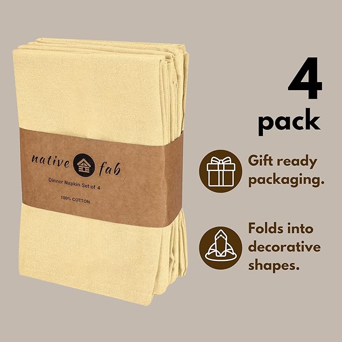Native Fab Solid Light Yellow Cloth Napkins Set of 4, 100% Cotton Washable Fabric, 17x17 inches, Reusable Table Linen Napkins for Dinner, Party, Wedding, Pale Yellow