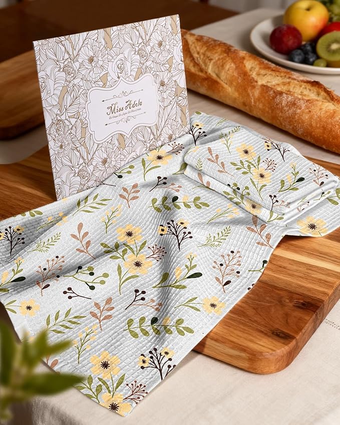 Miss Adola Cotton Waffle Kitchen Towels – Cute 370 GSM 16x25 Inch Terry Cloth Waffle Decorative Dishcloth for Kitchen Set of 2 with Hanging Loop Absorbent Hand Tea Towel for Home Design, Flower