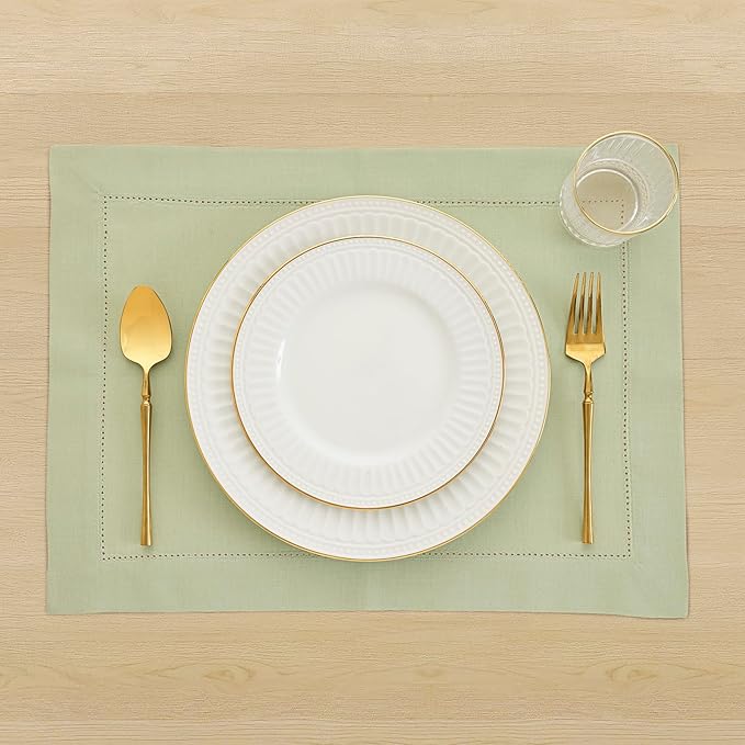Solino Home Sage Placemats Set of 4 - Cotton Linen Hemstitch Placemats 14 x 19 Inch for Spring, Summer, Mothers Day