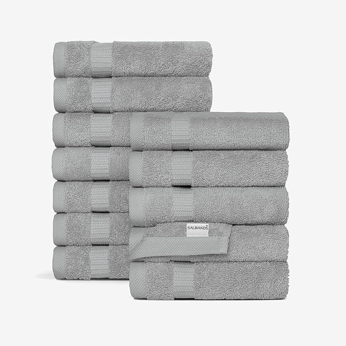 SALBAKOS 100% Turkish Cotton Washcloth Set of 12, 13x13 inch | Premium Quality | Hotel & Spa Collection | Ultra Soft, Super Absorbent, Wash Cloth Towels | Made in Turkey (Silver 12 Pcs Washcloth)