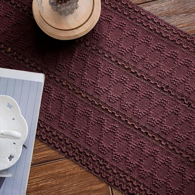 Alynsehom Macrame Table Runner Burgundy Boho Table Runners with Tassels Hand Woven Cotton Table Runner Rustic Farmhouse Table Runners for Bohemian Kitchen Dining Table(12x60in)