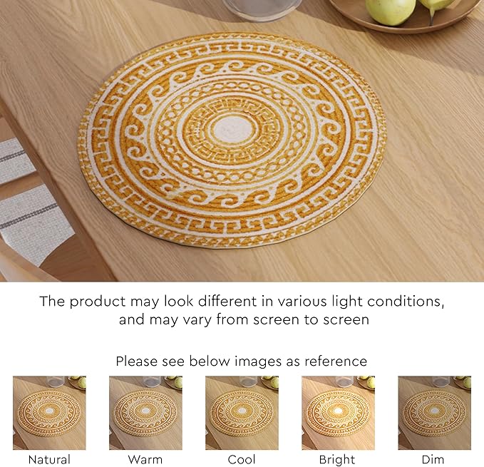 Encasa XO Dining Placemats Set of 4 | Cotton Round Table Mat - 13 in Diameter | Mustard Mandala Print | Handmade Rib Style Chargers for Dinner Plates
