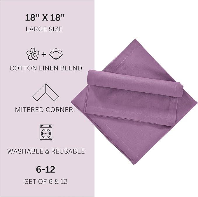 FINGERCRAFT Dinner Cloth Napkins, Cotton Linen Blend Mitered Corner Napkins Cloth 12 Pack Natural Premium Quality for Every Day Use, Parties, Easter, Thanksgiving, Weddings, 18x18 inch Lilac