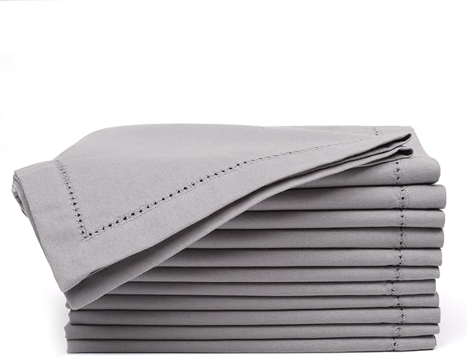 Lightnpro Decorative Cloth Dinner Napkins with Hemstitched, Wedding, Cocktail & Party Napkins, Mitered Corners, Machine Washable, 12 Elegant Table Napkins for Special Occasions - 18x18 Inch Ash Grey