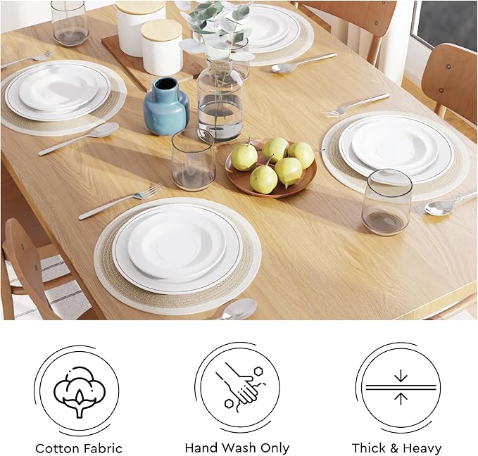 Encasa XO Dining Placemats Set of 6 | Cotton Round Table Mat - 13 in Diameter | Beige & Off White | Handmade Rib Style Chargers for Dinner Plates