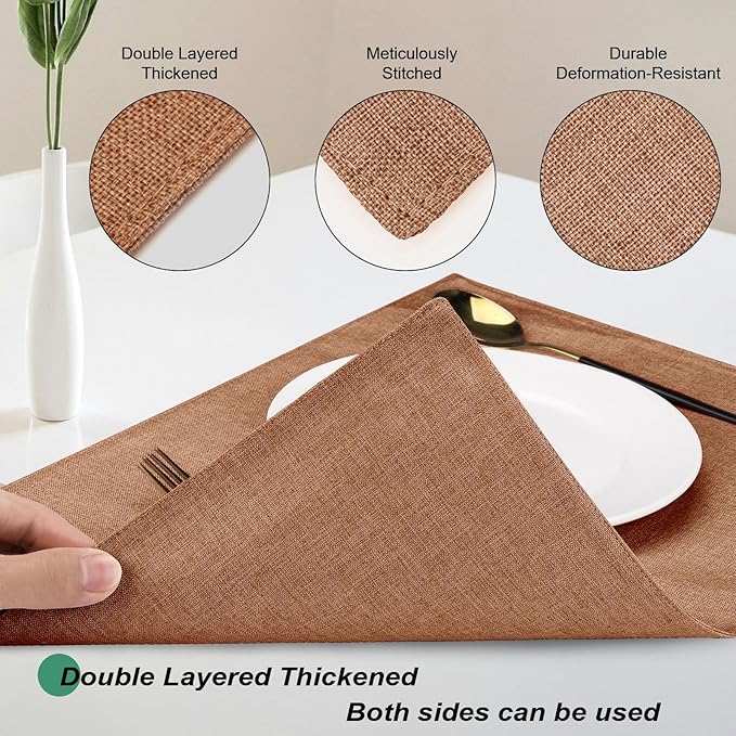 Cloth Placemats Set of 4, Cotton Linen Blend Machine Washable Double Layered Place Mats, Heat Resistant Placemats Wrinkle Free Thick Fabric Dining Table Mats for Indoors & Outdoors (Flaxen, 4)