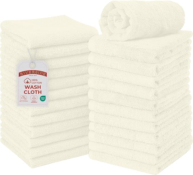 RIVERSIDE Pack of 24 Wash Cloths for Showering, 12 x 12 Inches, Super Soft & Absorbent, 100% Cotton Washcloths Premium Quality Flannel Face Cloths for Bathroom, Gym, Spa (Cannoli Cream, 24 Pack)
