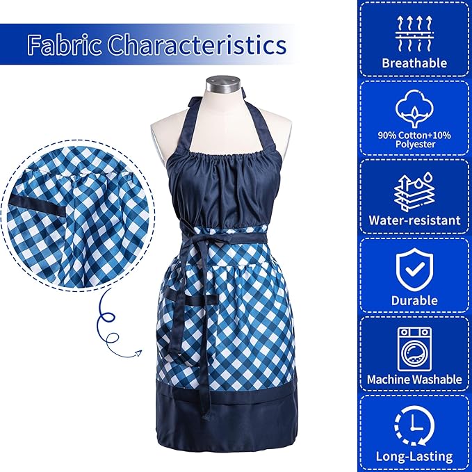 Lovely Flower Pattern Retro Aprons With Large Pockets for Women Girls Cooking Kitchen Bakery Mother's Gift