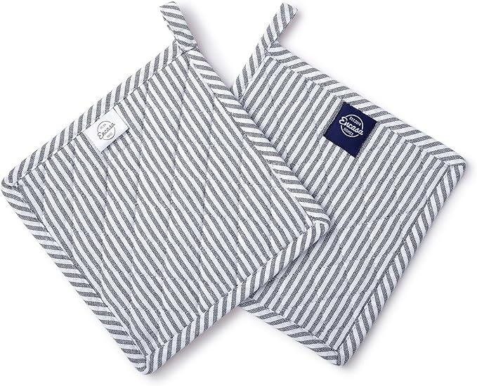 Encasa XO 8 inches Oven Microwave Potholders (2 pc Set) for Kitchen Cooking & Baking - Heat Resistant, Thick & Safe, Protection of Hands from Hot Utensils - Ticking Navy Blue