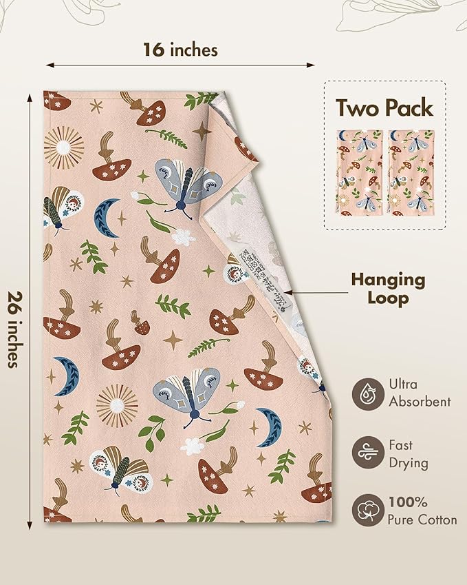 Miss Adola Flour Sack Kitchen Towels - Set of 2 Cotton Dish Towels with Hanging Loop Decorative 18x26 Inch Absorbent Cute Design for Housewarming Gifts, Mushroom