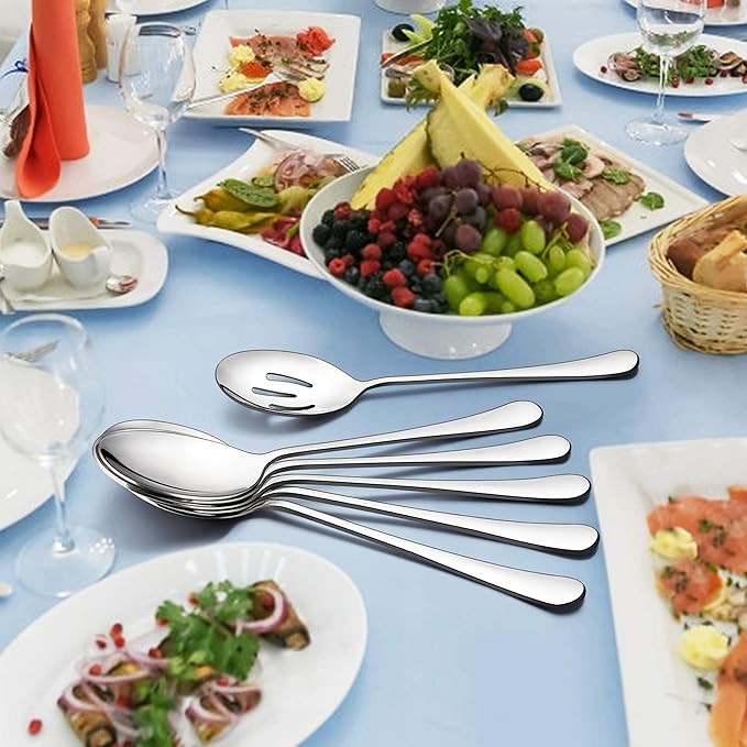 LIANYU 6 Pack Serving Spoons Set, Stainless Steel Large Slotted Spoons, Buffet Dinner Restaurant Serving Utensils, Catering Set for Party Banquet, 9.8 Inch