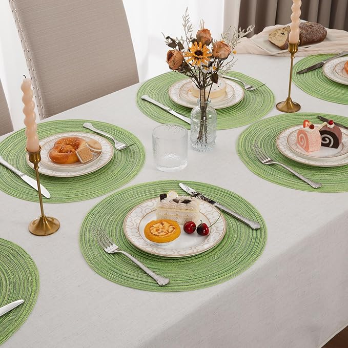 SHACOS Round Placemats Set of 4 Round Table Placemats Braided Cotton Place Mats 15 inch for Kitchen Dining Table Holiday Party (Mixed Color Pea Green, 4)