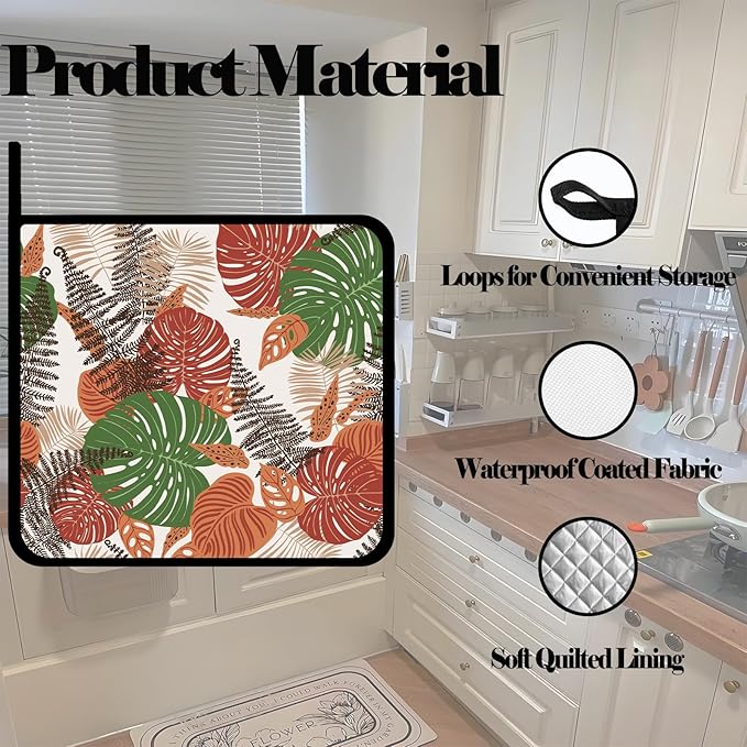 Pot Holders Set of 2 Heat Resistant & Non Slip Potholders,Boho Abstract Geometric Tropical Leaves Oven Hot Pads for Kitchen Cooking Baking Barbecue and Gifts for Women