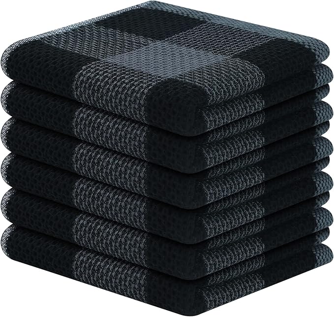 Mordimy 100% Cotton Waffle Weave Plaid Dish Cloths, 12 x 12 Inches, Super Soft and Absorbent Quick Drying Buffalo Check Dish Rags for Kitchen, 6-Pack, Black & Grey
