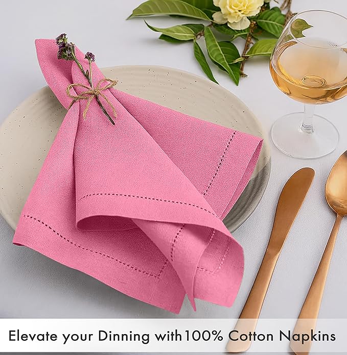 Ruvanti Cloth Napkins Set of 12, 100% Cotton High GSM 18x18 Inches, Hem Stitched Corners, Soft, Washable, Highly Durable & Absorbent, Perfect for Parties, Christmas, Thanksgiving Dinners – Pink