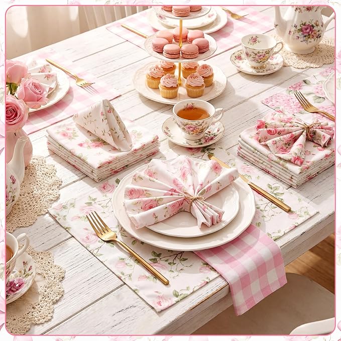 Floral Cloth Napkins 6 Patterns Washable Dinner Tea Party Napkins Reusable Plant Flowers Square Napkin Cotton Towel Decorative for Spring Wildflower Party(Bow Hydrangea,24 Pcs)